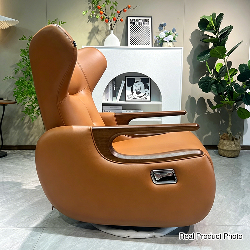 Sillón reclinable giratorio retro de piel ecológica y madera maciza con base metálica – Sillón balancín ajustable con reposabrazos y reposapiés de roble