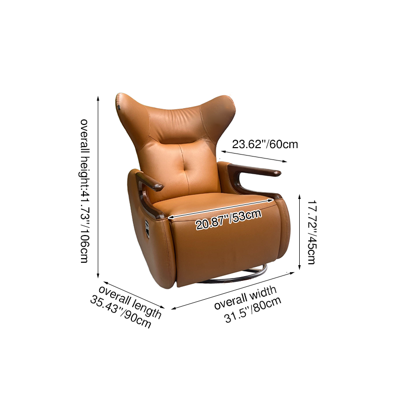 Sillón reclinable giratorio retro de piel ecológica y madera maciza con base metálica – Sillón balancín ajustable con reposabrazos y reposapiés de roble