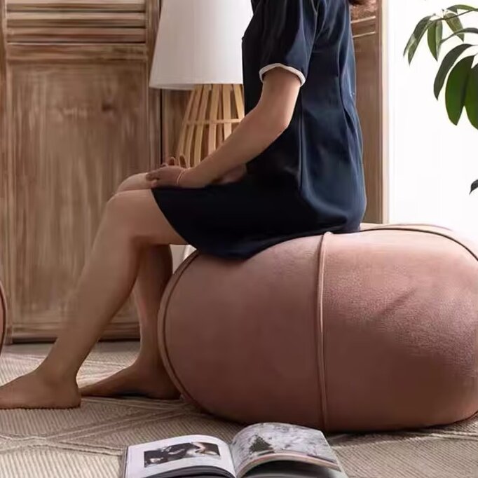 Contemporary Velvet Low Stool with Pumpkin-Shape Solid Wood Plywood Frame for Living Room & Entryway