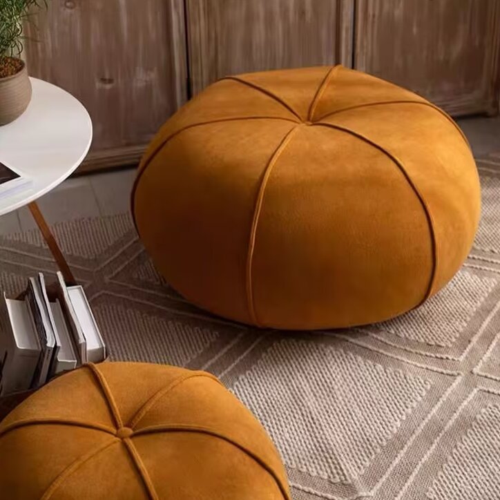 Contemporary Velvet Low Stool with Pumpkin-Shape Solid Wood Plywood Frame for Living Room & Entryway