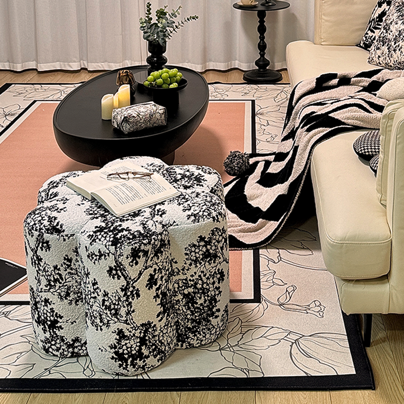 Stylish Sherpa Fabric Petal Stool with Solid Wood Base — Contemporary Low-Profile Accent for Living Room & Entryway