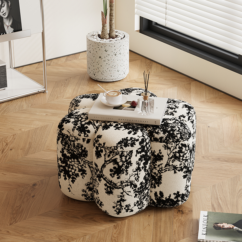 Stylish Sherpa Fabric Petal Stool with Solid Wood Base — Contemporary Low-Profile Accent for Living Room & Entryway