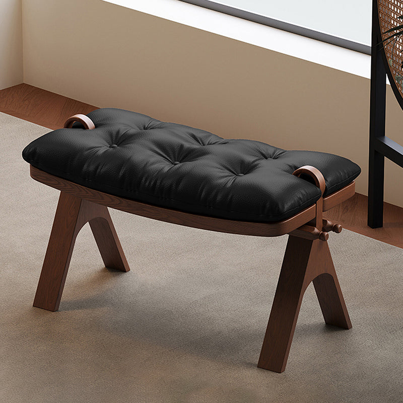 Contemporary Retro Top-Grain Leather Low Stool with Curved Rectangular Silhouette and Solid Wood Base – Perfect for Bedroom & Living Room