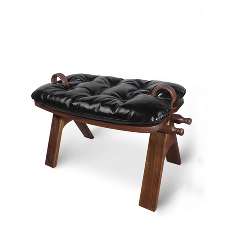 Contemporary Retro Top-Grain Leather Low Stool with Curved Rectangular Silhouette and Solid Wood Base – Perfect for Bedroom & Living Room