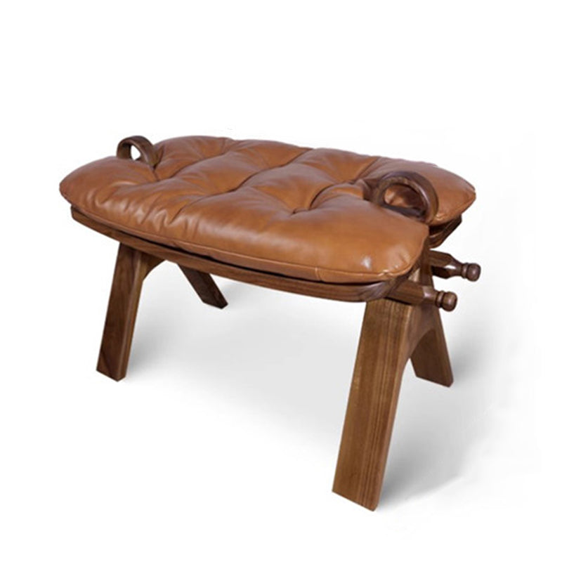 Contemporary Retro Top-Grain Leather Low Stool with Curved Rectangular Silhouette and Solid Wood Base – Perfect for Bedroom & Living Room