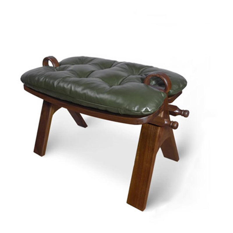 Contemporary Retro Top-Grain Leather Low Stool with Curved Rectangular Silhouette and Solid Wood Base – Perfect for Bedroom & Living Room