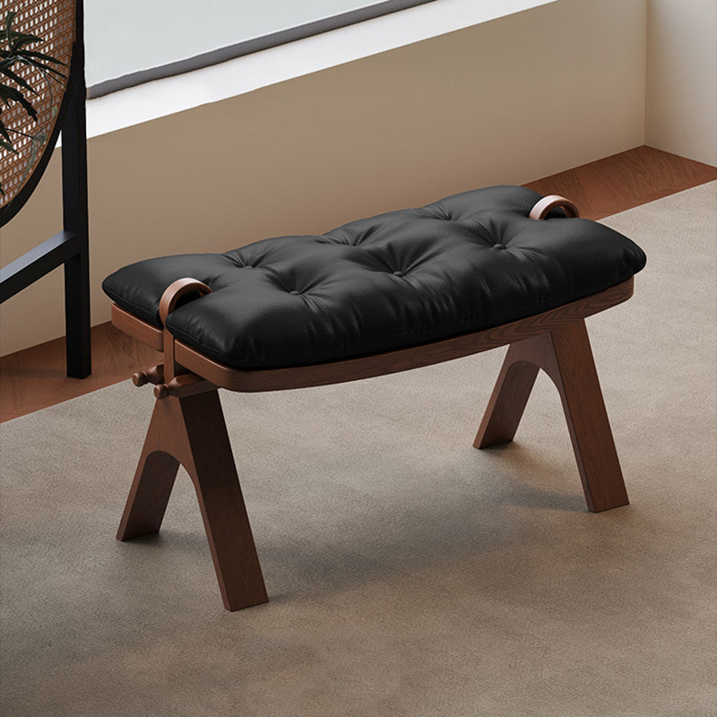 Contemporary Retro Top-Grain Leather Low Stool with Curved Rectangular Silhouette and Solid Wood Base – Perfect for Bedroom & Living Room