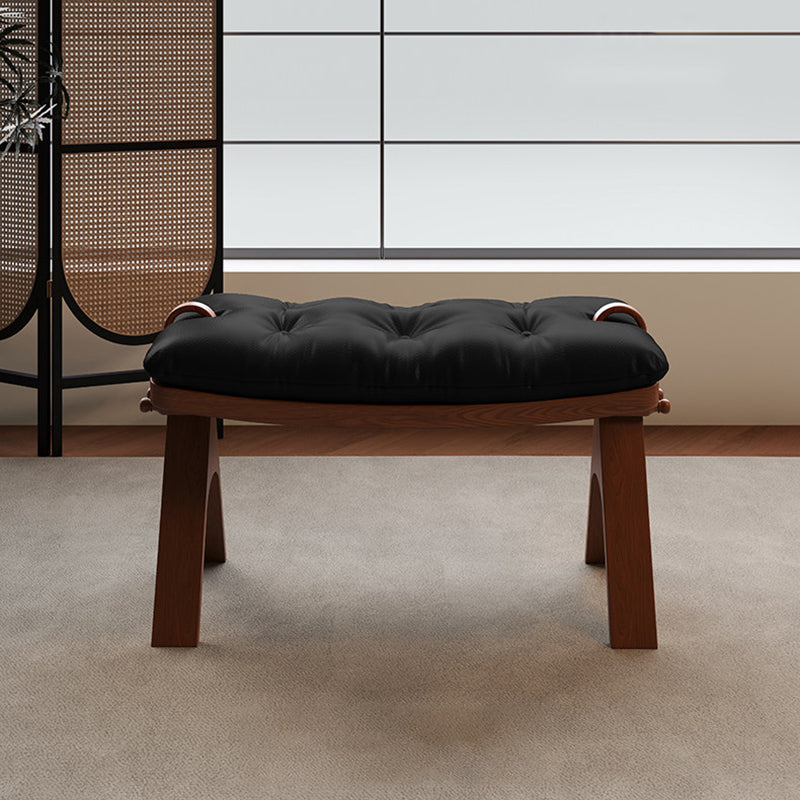 Contemporary Retro Top-Grain Leather Low Stool with Curved Rectangular Silhouette and Solid Wood Base – Perfect for Bedroom & Living Room