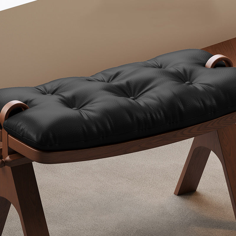Contemporary Retro Top-Grain Leather Low Stool with Curved Rectangular Silhouette and Solid Wood Base – Perfect for Bedroom & Living Room
