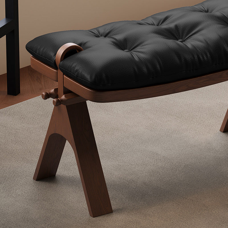 Contemporary Retro Top-Grain Leather Low Stool with Curved Rectangular Silhouette and Solid Wood Base – Perfect for Bedroom & Living Room