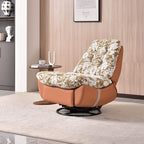 Sillón Giratorio Retro de Madera Maciza y Metal con Tapicería Floral de Algodón-Lino, Base de Piel Ecológica y Giro de 360°