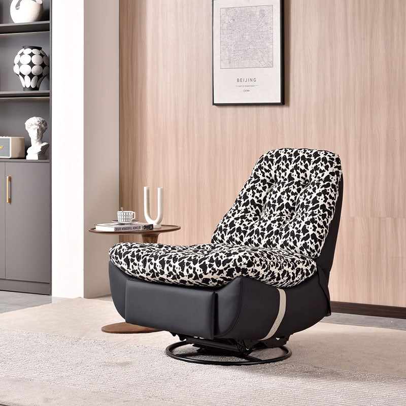 Retro Solid Wood & Metal Swivel Lounge Chair with Floral Cotton-Linen Upholstery, Eco Leather Base, and 360° Swivel
