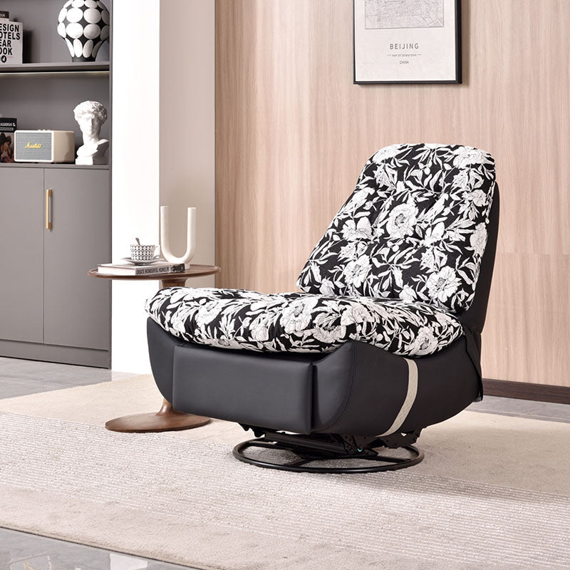 Retro Solid Wood & Metal Swivel Lounge Chair with Floral Cotton-Linen Upholstery, Eco Leather Base, and 360° Swivel