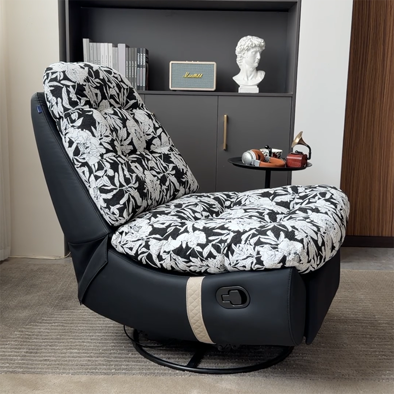 Sillón Giratorio Retro de Madera Maciza y Metal con Tapicería Floral de Algodón-Lino, Base de Piel Ecológica y Giro de 360°