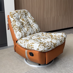 Sillón Giratorio Retro de Madera Maciza y Metal con Tapicería Floral de Algodón-Lino, Base de Piel Ecológica y Giro de 360°