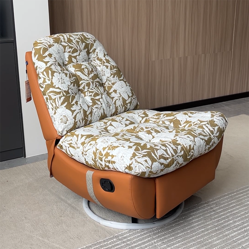 Sillón Giratorio Retro de Madera Maciza y Metal con Tapicería Floral de Algodón-Lino, Base de Piel Ecológica y Giro de 360°