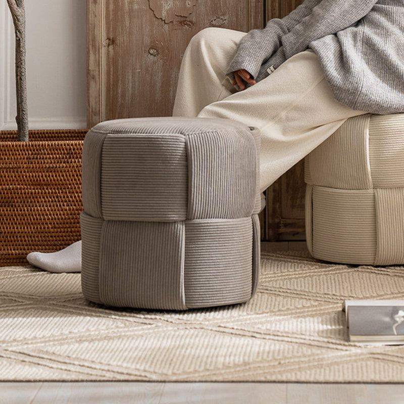 Sleek Modern Minimalist Solid Wood Corduroy Cylindrical Ottoman - Low-Profile Stool for Living Room and Entryway