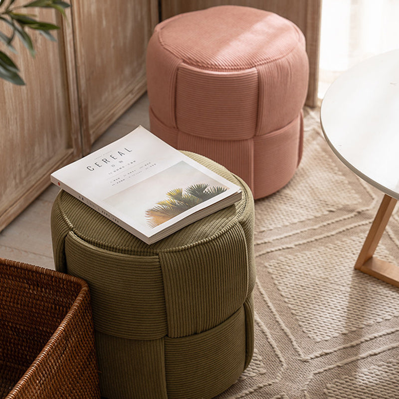 Sleek Modern Minimalist Solid Wood Corduroy Cylindrical Ottoman - Low-Profile Stool for Living Room and Entryway