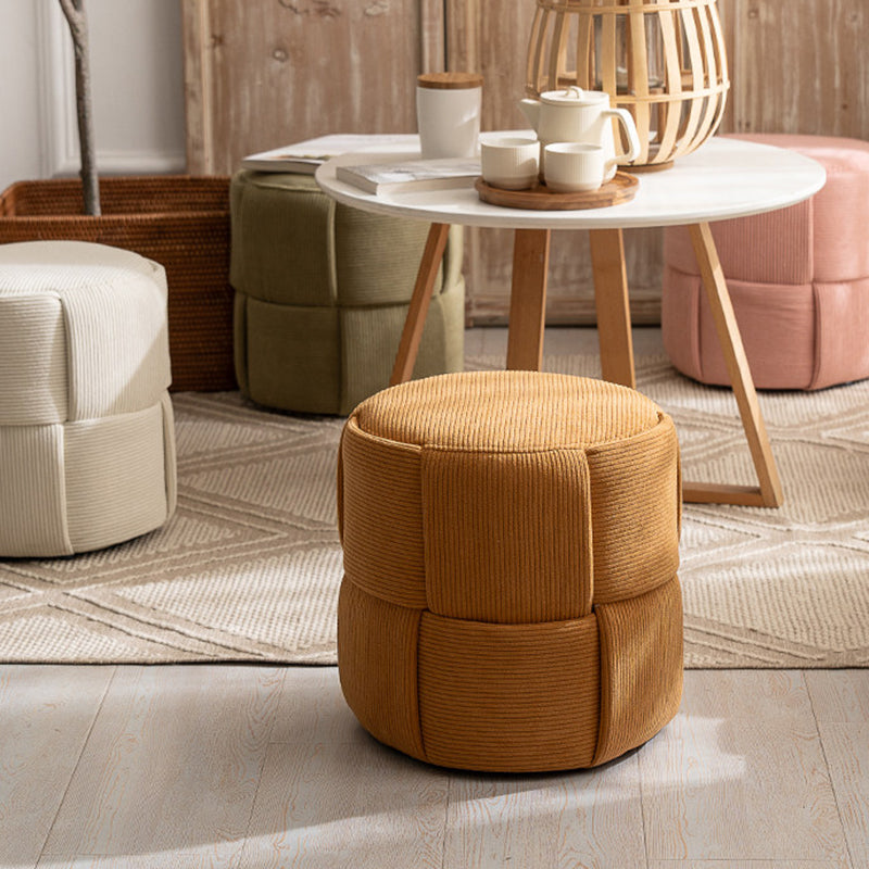 Sleek Modern Minimalist Solid Wood Corduroy Cylindrical Ottoman - Low-Profile Stool for Living Room and Entryway