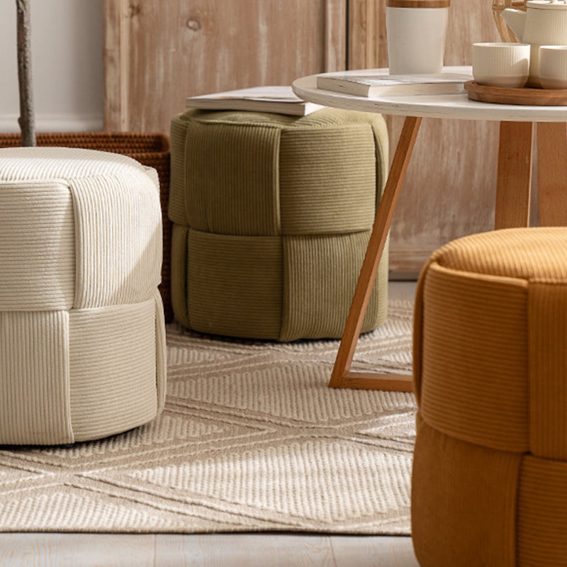 Sleek Modern Minimalist Solid Wood Corduroy Cylindrical Ottoman - Low-Profile Stool for Living Room and Entryway