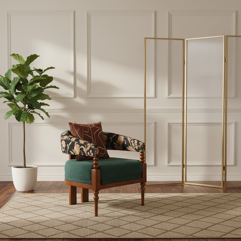 Traditional French-Style Solid Ash Wood Curved Handrail Accent Chair & Table Set with Cotton-Linen Blend Upholstery for Living Room