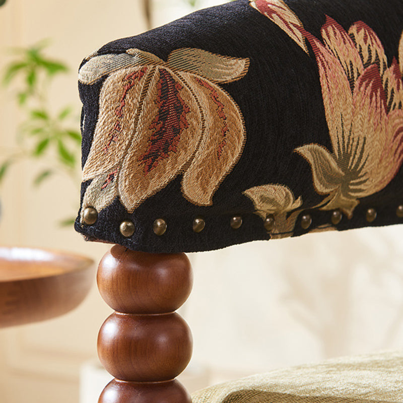 Traditional French-Style Solid Ash Wood Curved Handrail Accent Chair & Table Set with Cotton-Linen Blend Upholstery for Living Room