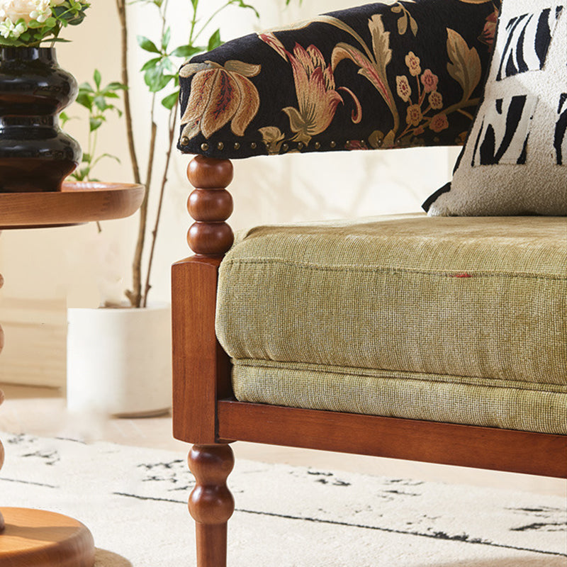 Traditional French-Style Solid Ash Wood Curved Handrail Accent Chair & Table Set with Cotton-Linen Blend Upholstery for Living Room