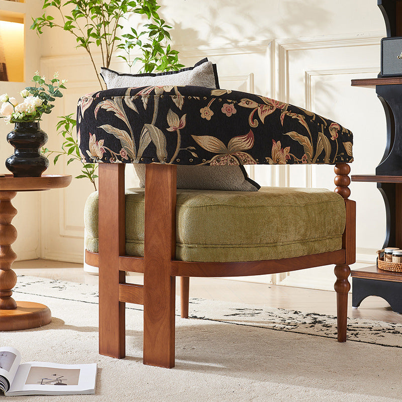 Traditional French-Style Solid Ash Wood Curved Handrail Accent Chair & Table Set with Cotton-Linen Blend Upholstery for Living Room