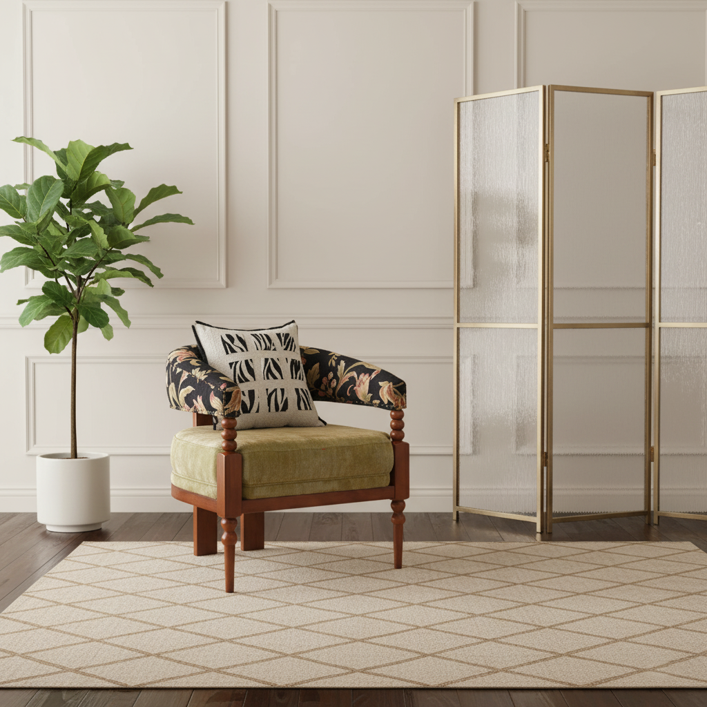 Traditional French-Style Solid Ash Wood Curved Handrail Accent Chair & Table Set with Cotton-Linen Blend Upholstery for Living Room