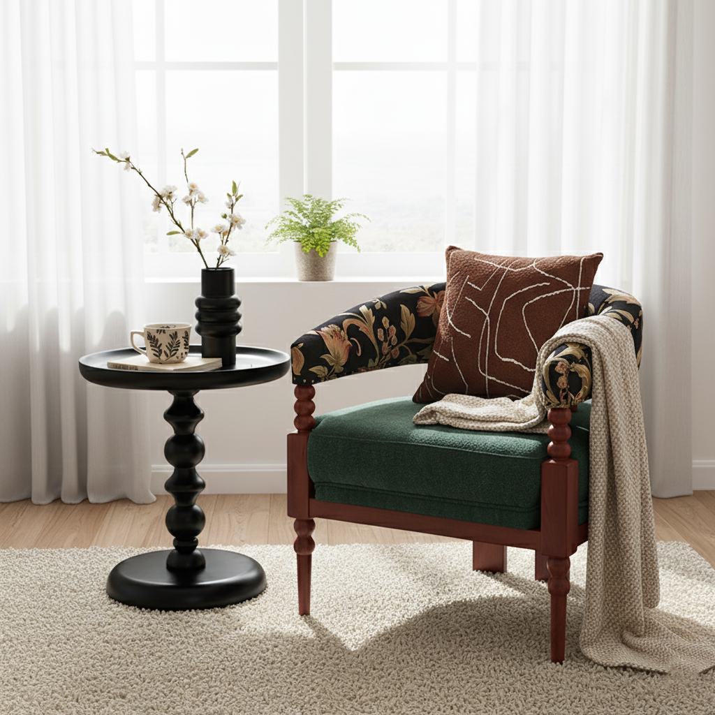 Traditional French-Style Solid Ash Wood Curved Handrail Accent Chair & Table Set with Cotton-Linen Blend Upholstery for Living Room