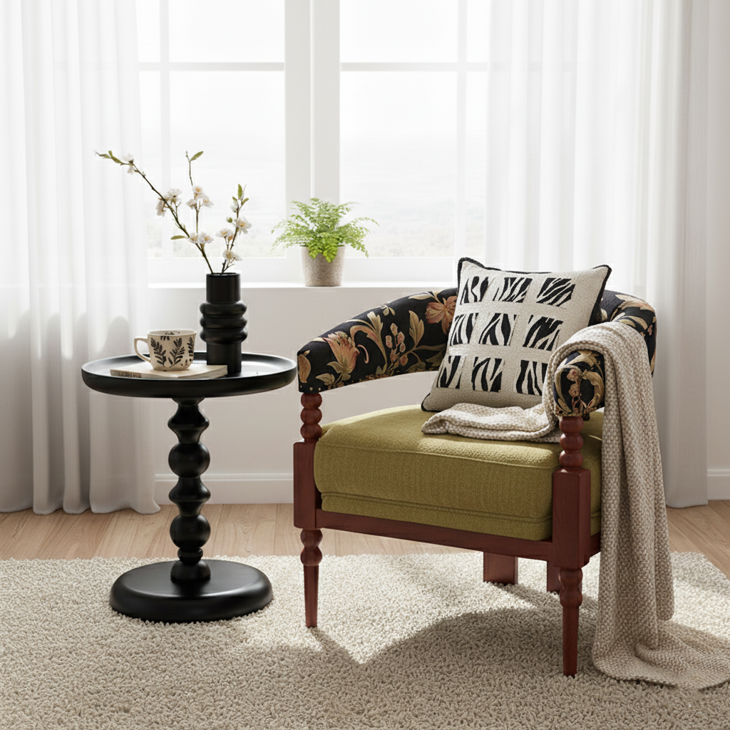 Traditional French-Style Solid Ash Wood Curved Handrail Accent Chair & Table Set with Cotton-Linen Blend Upholstery for Living Room