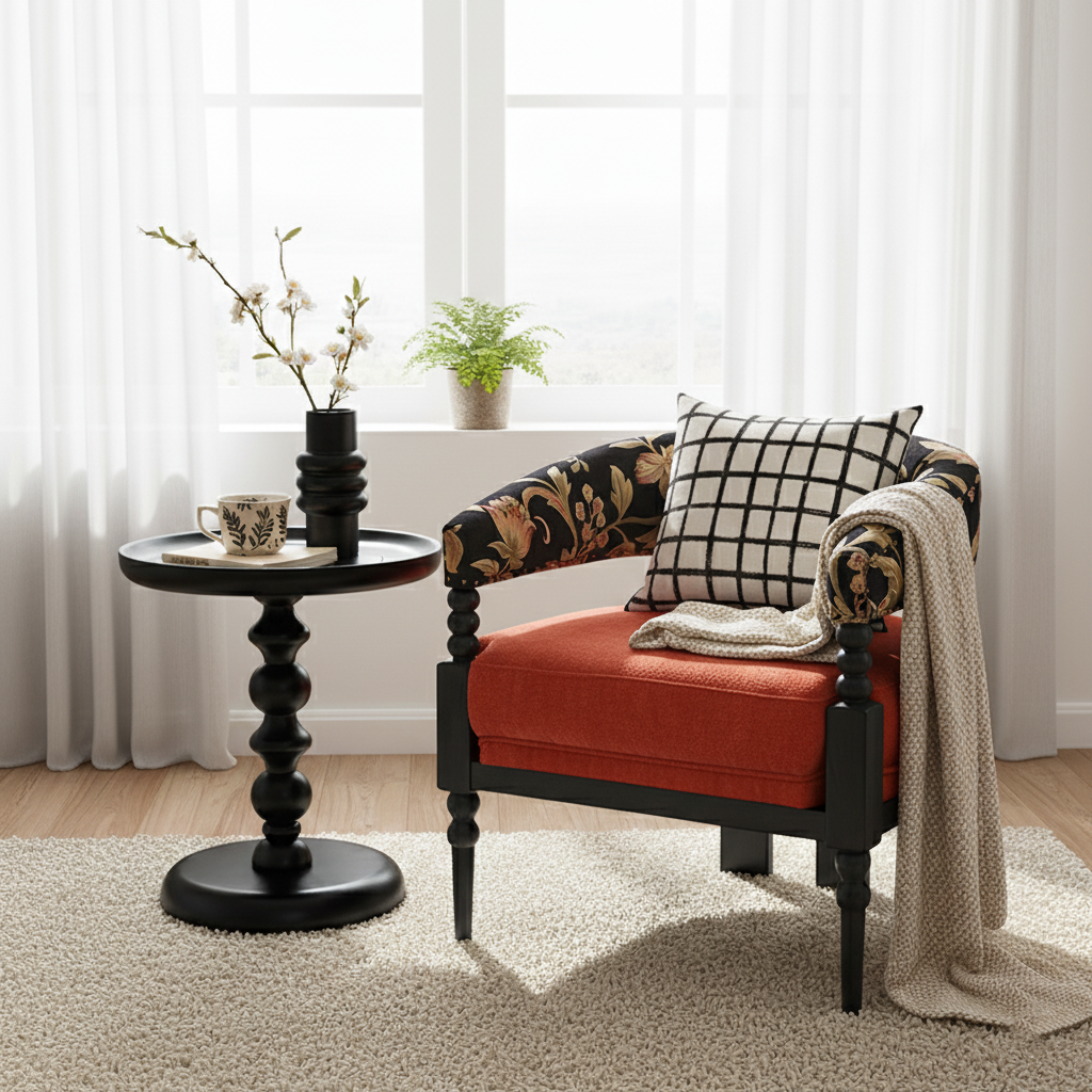 Traditional French-Style Solid Ash Wood Curved Handrail Accent Chair & Table Set with Cotton-Linen Blend Upholstery for Living Room