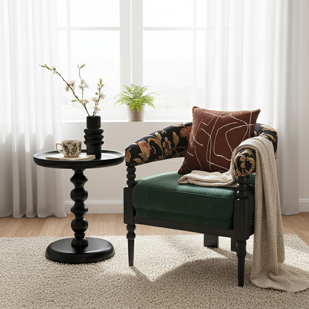 Traditional French-Style Solid Ash Wood Curved Handrail Accent Chair & Table Set with Cotton-Linen Blend Upholstery for Living Room