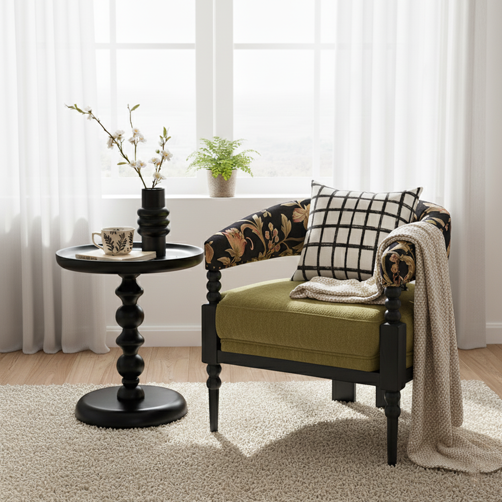 Traditional French-Style Solid Ash Wood Curved Handrail Accent Chair & Table Set with Cotton-Linen Blend Upholstery for Living Room