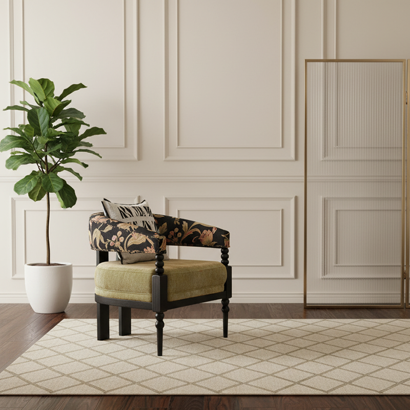 Traditional French-Style Solid Ash Wood Curved Handrail Accent Chair & Table Set with Cotton-Linen Blend Upholstery for Living Room