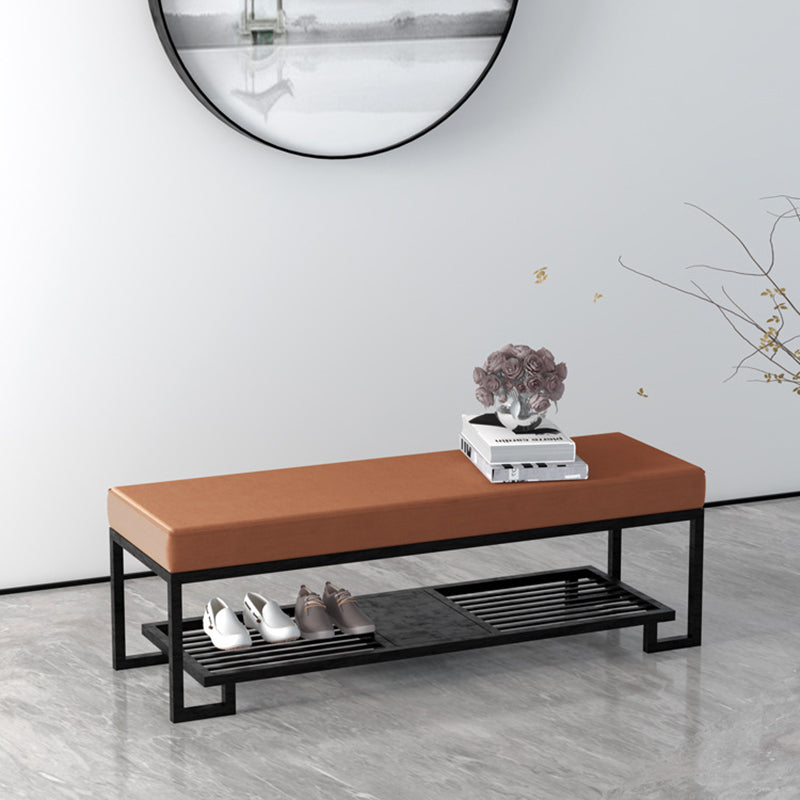 Modern Minimalist Rectangular Wrought Iron PU Leather Synthetic Fabric Shoe Bench 2-Tier For Entryway