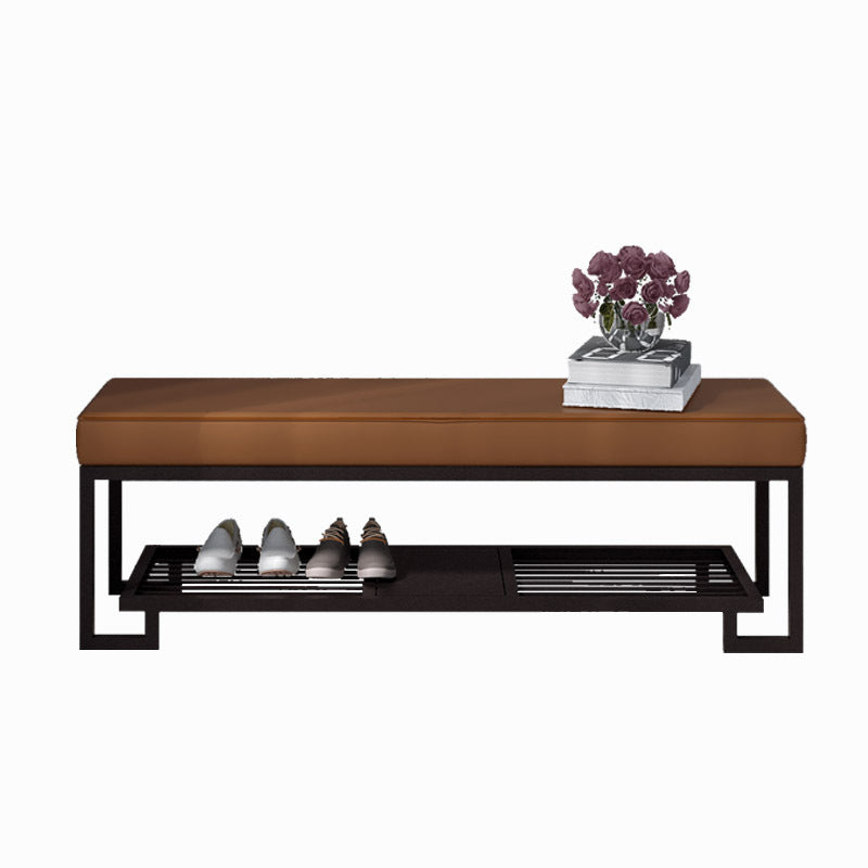 Modern Minimalist Rectangular Wrought Iron PU Leather Synthetic Fabric Shoe Bench 2-Tier For Entryway