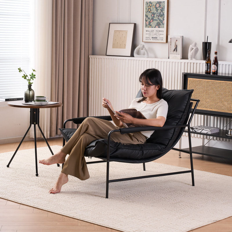 Contemporary Retro-Curved Carbon Steel Cat Scratch Leather Accent Chair with Backrest and Armrests for Living Room