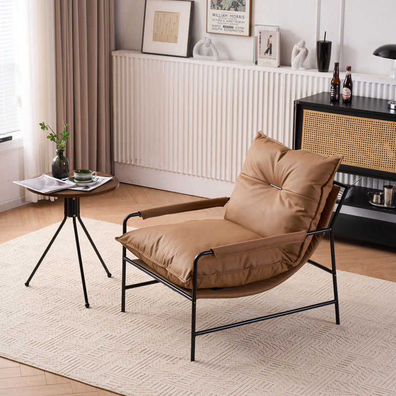 Contemporary Retro-Curved Carbon Steel Cat Scratch Leather Accent Chair with Backrest and Armrests for Living Room