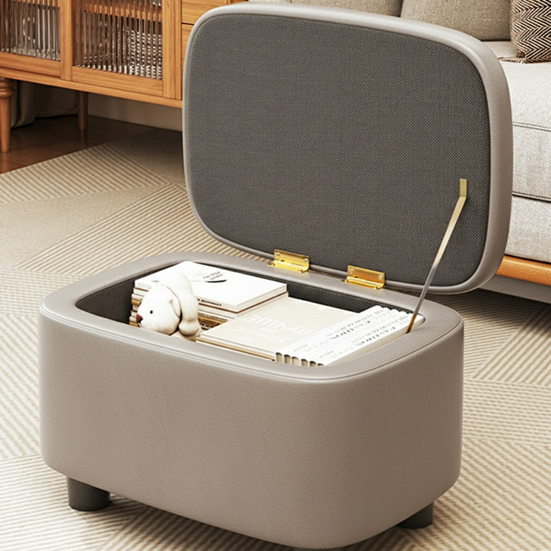 Modern Minimalist Rounded-Edge Solid Wood Stool with PU Leather – Low-Profile Entryway Stool with 1-Storage Compartment