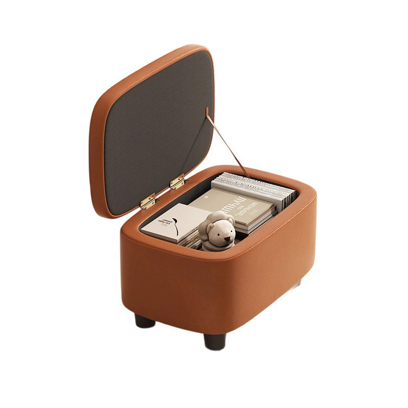 Modern Minimalist Rounded-Edge Solid Wood Stool with PU Leather – Low-Profile Entryway Stool with 1-Storage Compartment
