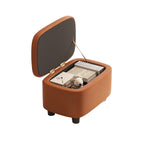 Modern Minimalist Rounded-Edge Solid Wood Stool with PU Leather – Low-Profile Entryway Stool with 1-Storage Compartment