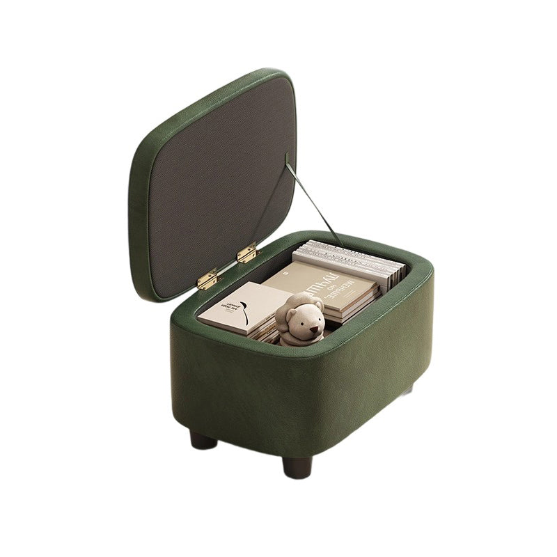Modern Minimalist Rounded-Edge Solid Wood Stool with PU Leather – Low-Profile Entryway Stool with 1-Storage Compartment