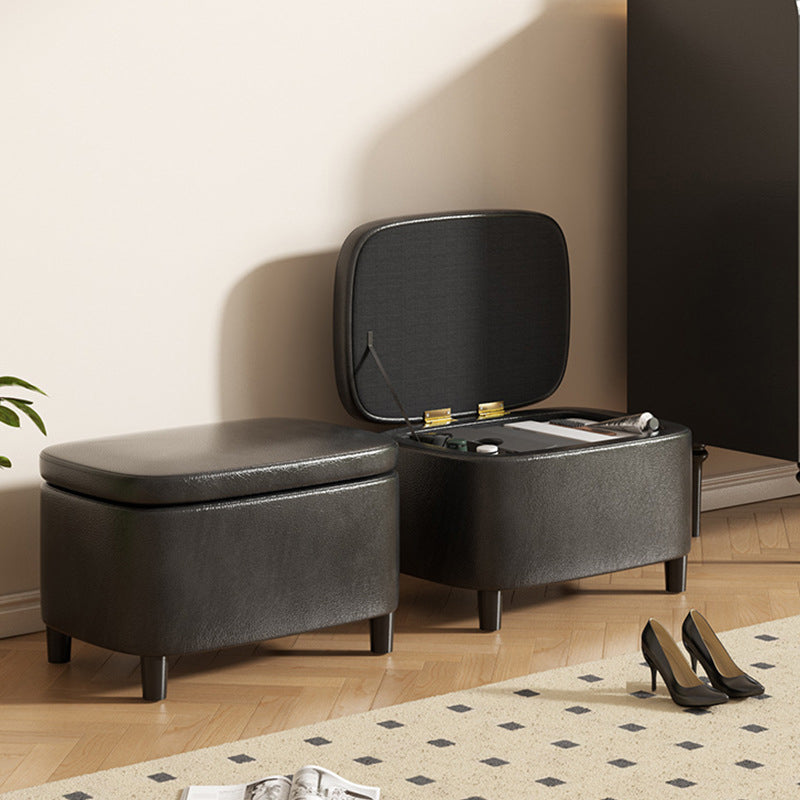Modern Minimalist Rounded-Edge Solid Wood Stool with PU Leather – Low-Profile Entryway Stool with 1-Storage Compartment