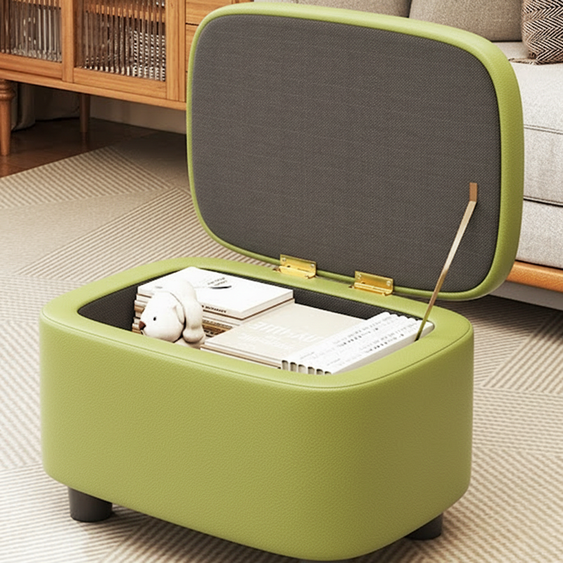 Modern Minimalist Rounded-Edge Solid Wood Stool with PU Leather – Low-Profile Entryway Stool with 1-Storage Compartment