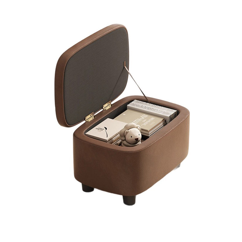 Modern Minimalist Rounded-Edge Solid Wood Stool with PU Leather – Low-Profile Entryway Stool with 1-Storage Compartment