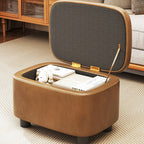 Modern Minimalist Rounded-Edge Solid Wood Stool with PU Leather – Low-Profile Entryway Stool with 1-Storage Compartment