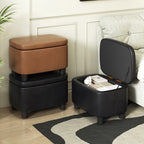 Modern Minimalist Rounded-Edge Solid Wood Stool with PU Leather – Low-Profile Entryway Stool with 1-Storage Compartment