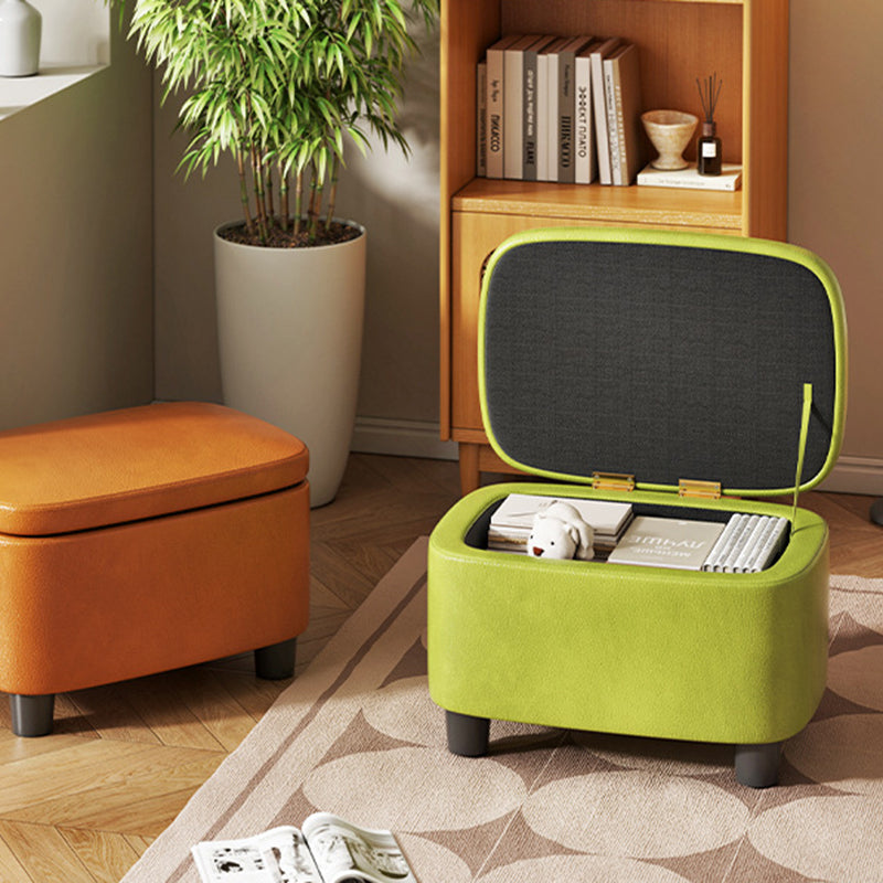 Modern Minimalist Rounded-Edge Solid Wood Stool with PU Leather – Low-Profile Entryway Stool with 1-Storage Compartment