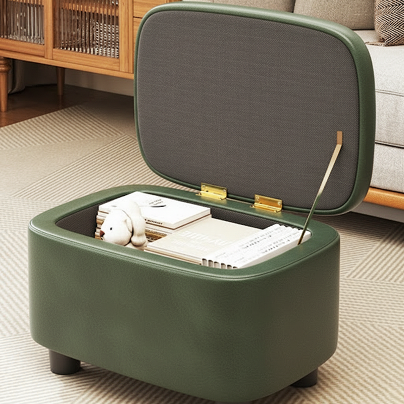 Modern Minimalist Rounded-Edge Solid Wood Stool with PU Leather – Low-Profile Entryway Stool with 1-Storage Compartment